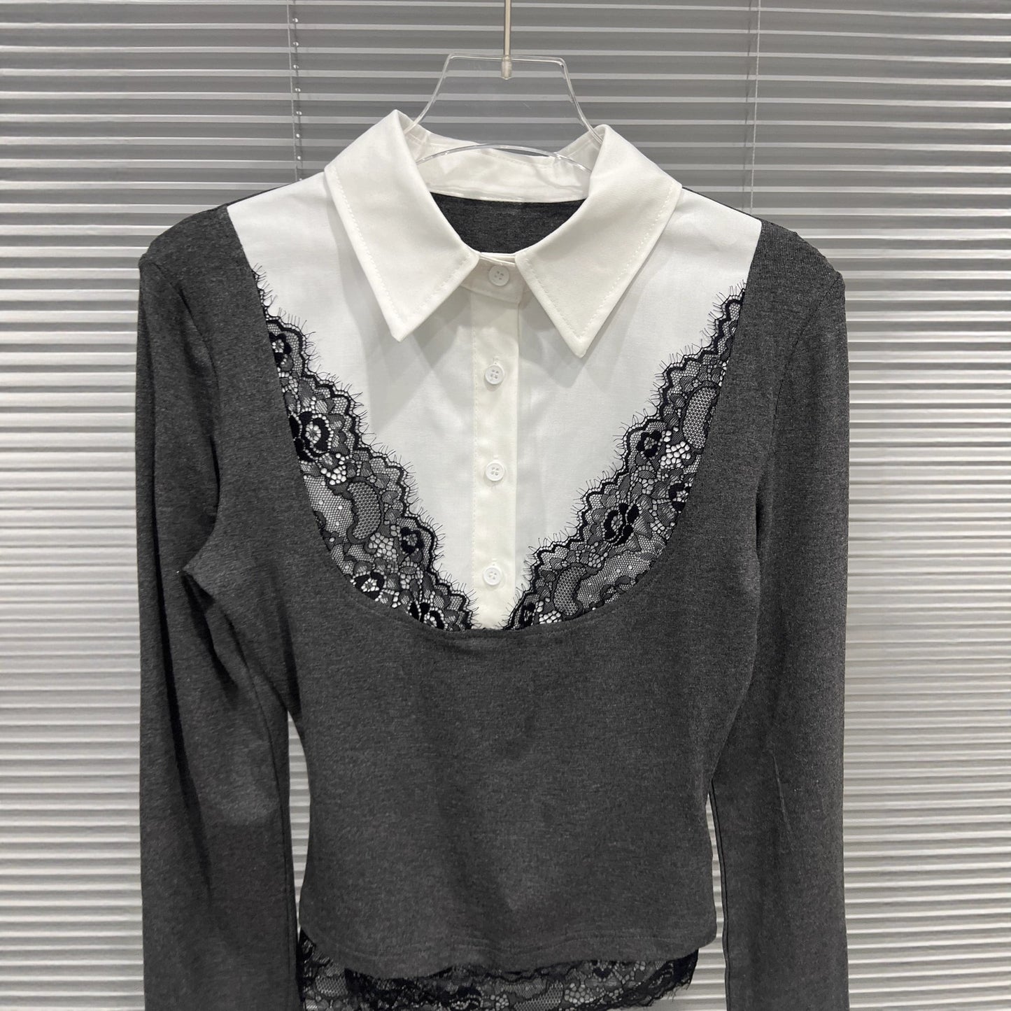 Fake two lace patchwork polo collar long sleeves