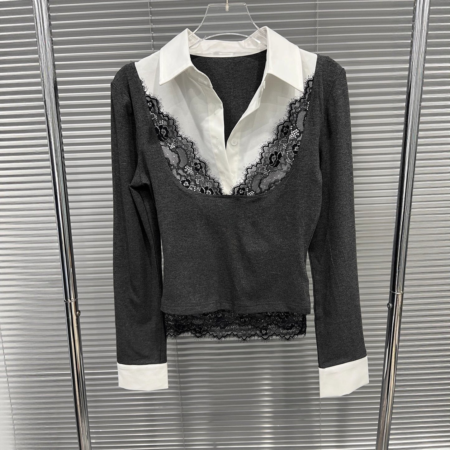 Fake two lace patchwork polo collar long sleeves