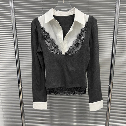 Fake two lace patchwork polo collar long sleeves