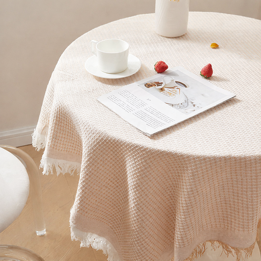 Boho Textured Round Tablecloth with Tassels