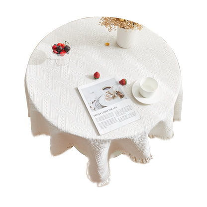 Boho Textured Round Tablecloth with Tassels