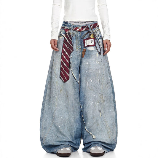 Retro Washed 3D Print Knife-Shape Denim Pants for Men, Streetwear Style, Loose Fit Casual Wide Leg Jeans