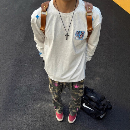 Style Heavyweight Cotton Long Sleeve T-Shirt for Men and Women, Autumn New Loose Fit Unique Design Embroidered Couple Top