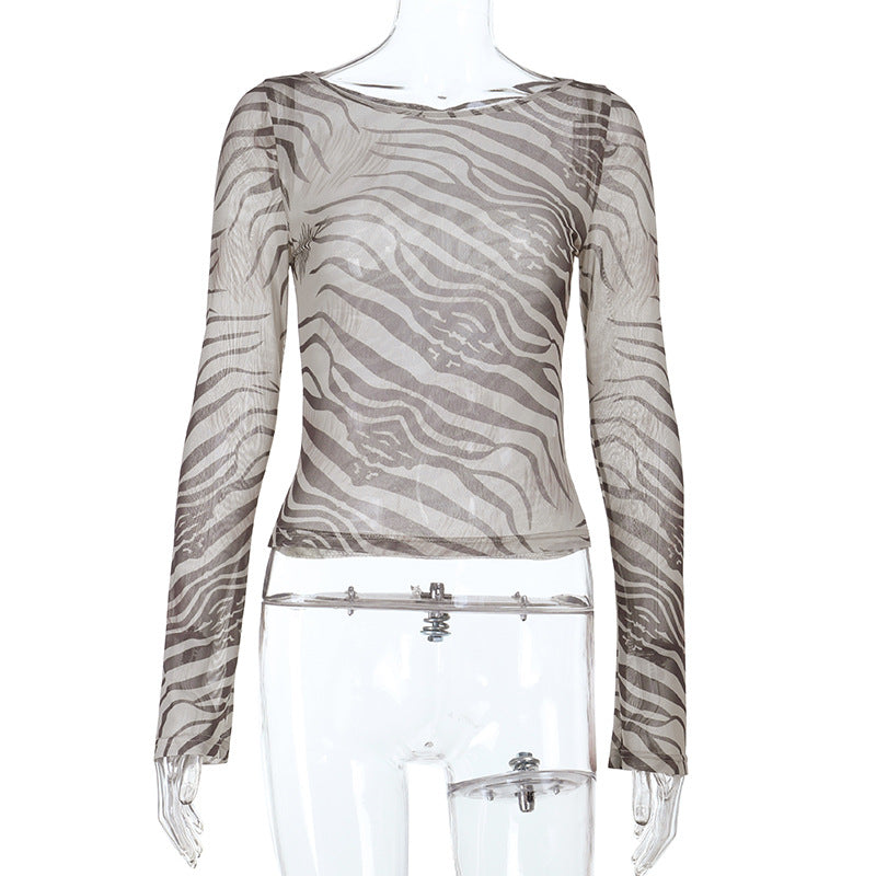 Zebra print long sleeved sexy perspective spicy girl leopard print T-shirt