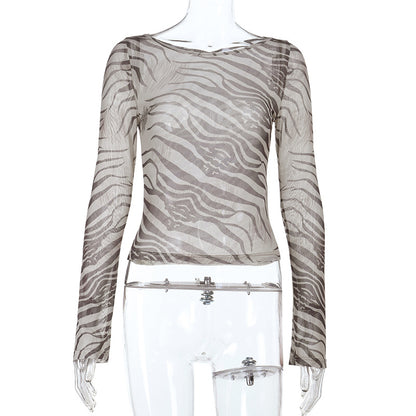 Zebra print long sleeved sexy perspective spicy girl leopard print T-shirt