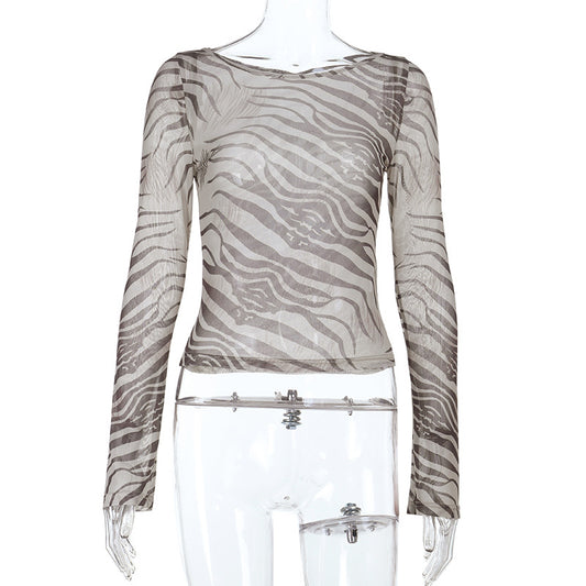 Zebra print long sleeved sexy perspective spicy girl leopard print T-shirt
