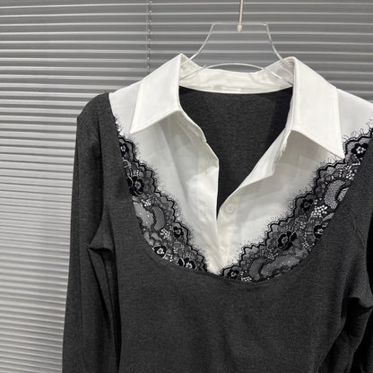 Fake two lace patchwork polo collar long sleeves