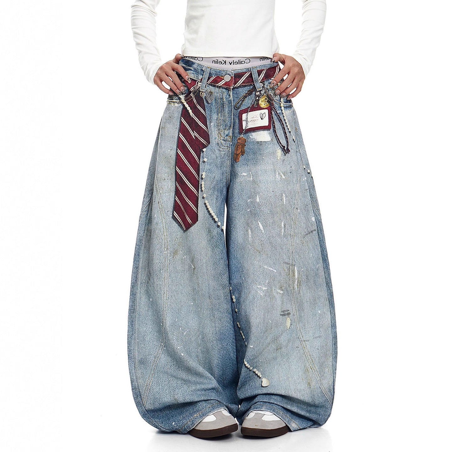 Retro Washed 3D Print Knife-Shape Denim Pants for Men, Streetwear Style, Loose Fit Casual Wide Leg Jeans