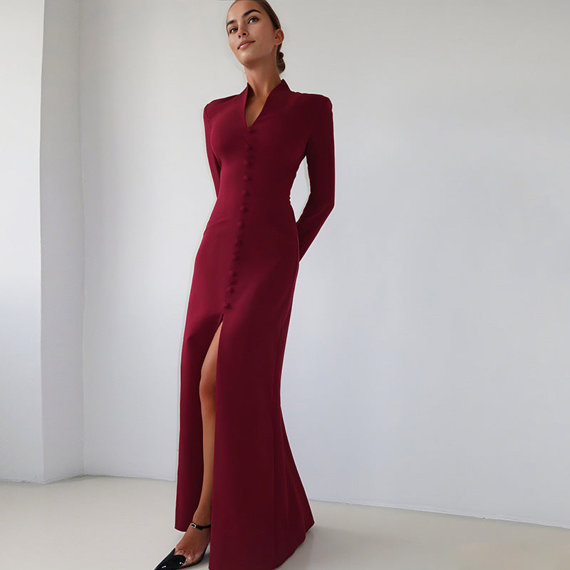 V-neck high waist slim fit and slimming slit dress
