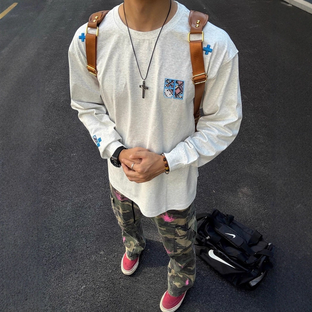 Style Heavyweight Cotton Long Sleeve T-Shirt for Men and Women, Autumn New Loose Fit Unique Design Embroidered Couple Top