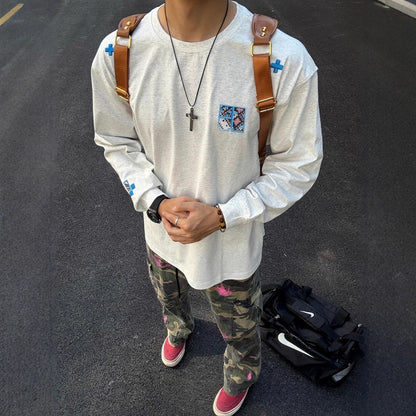 Style Heavyweight Cotton Long Sleeve T-Shirt for Men and Women, Autumn New Loose Fit Unique Design Embroidered Couple Top