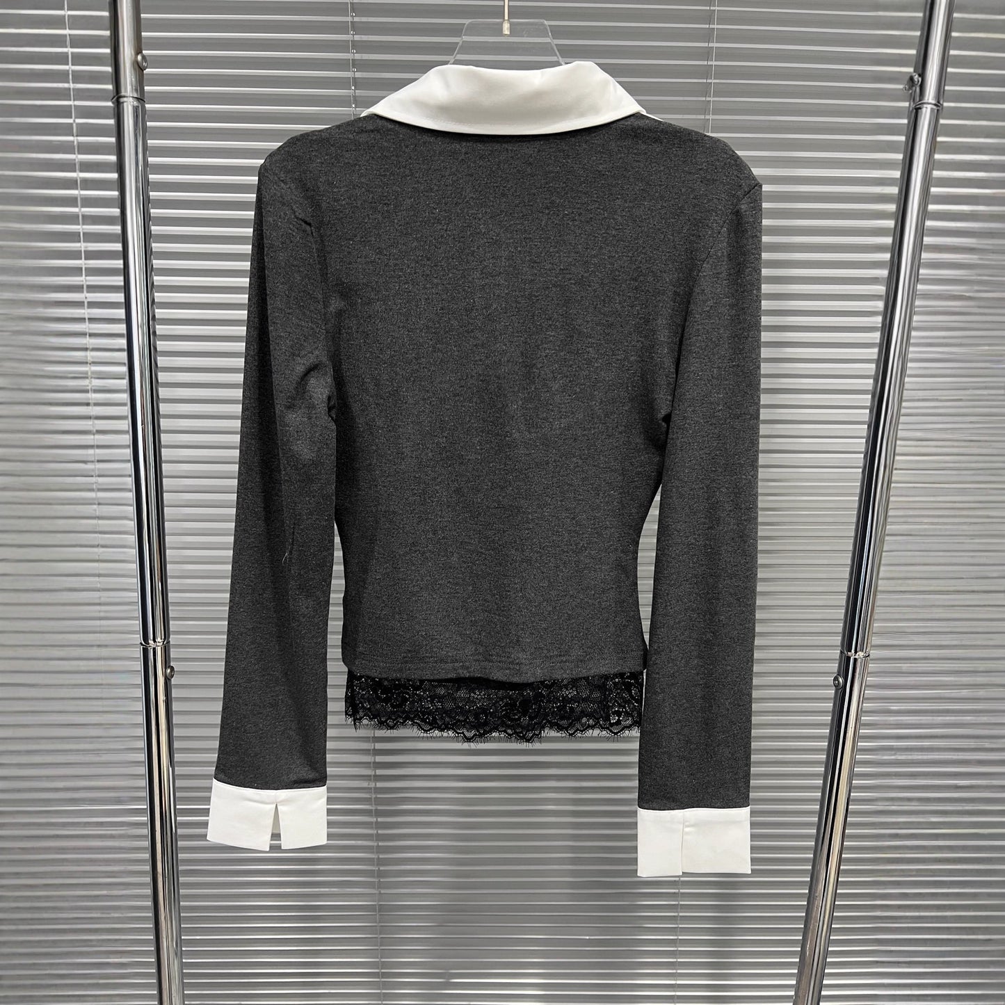 Fake two lace patchwork polo collar long sleeves