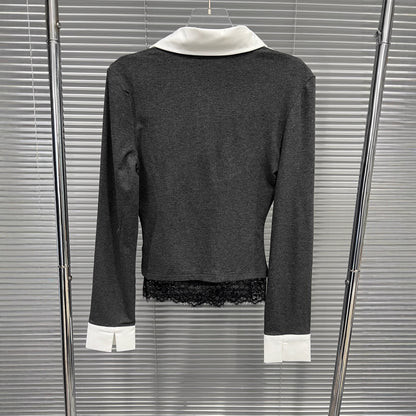 Fake two lace patchwork polo collar long sleeves
