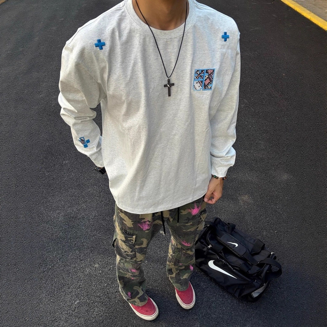 Style Heavyweight Cotton Long Sleeve T-Shirt for Men and Women, Autumn New Loose Fit Unique Design Embroidered Couple Top