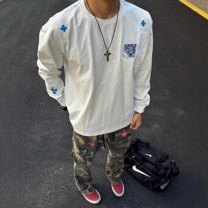 Style Heavyweight Cotton Long Sleeve T-Shirt for Men and Women, Autumn New Loose Fit Unique Design Embroidered Couple Top