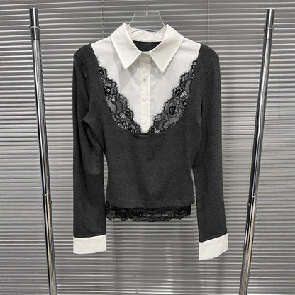 Fake two lace patchwork polo collar long sleeves