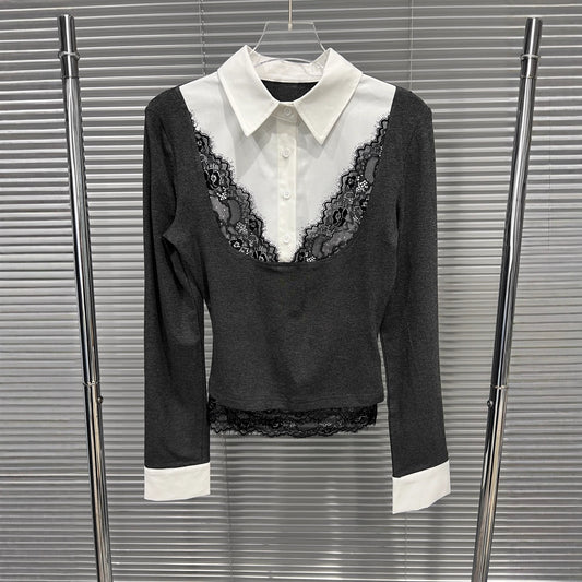 Fake two lace patchwork polo collar long sleeves