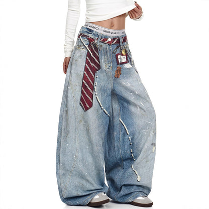 Retro Washed 3D Print Knife-Shape Denim Pants for Men, Streetwear Style, Loose Fit Casual Wide Leg Jeans