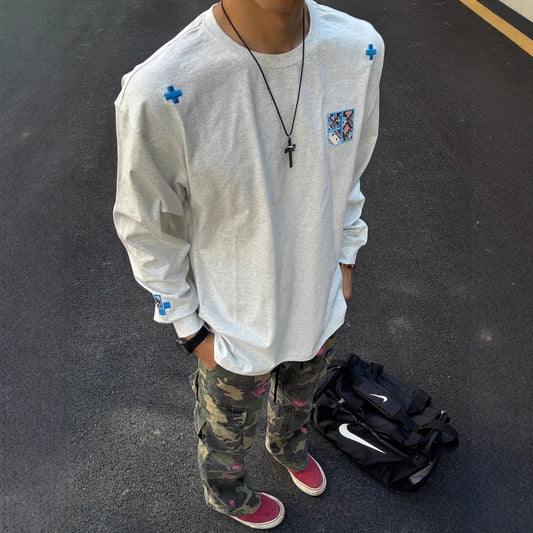 Style Heavyweight Cotton Long Sleeve T-Shirt for Men and Women, Autumn New Loose Fit Unique Design Embroidered Couple Top